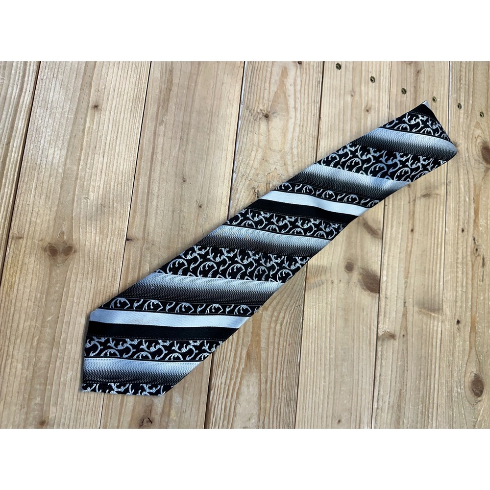 Phat Farm Mens Silk Necktie Black White‎ Grey Striped Scroll Filigree Pattern